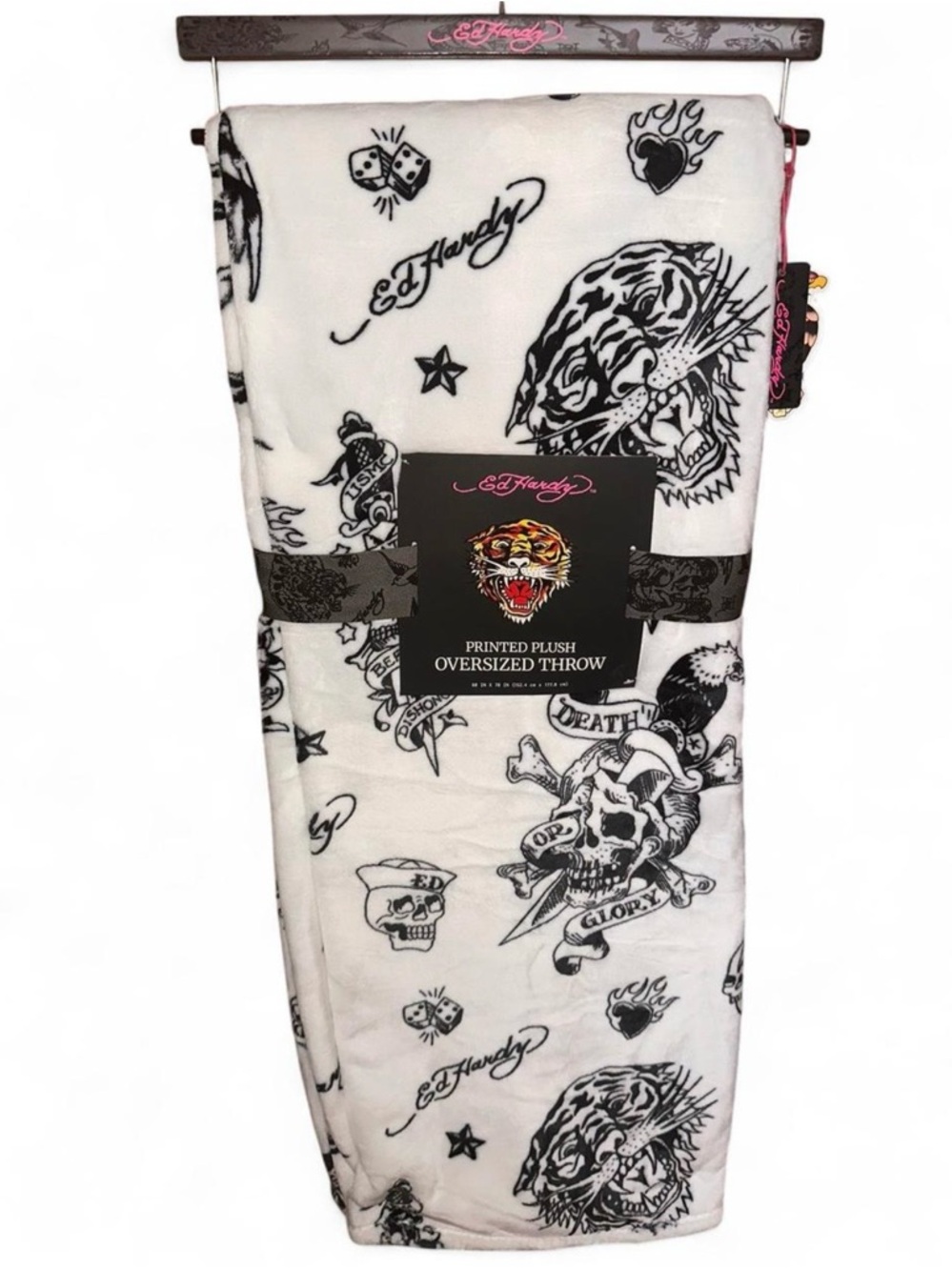 Ed Hardy White Plush Oversized Throw with Black Tattoo Print